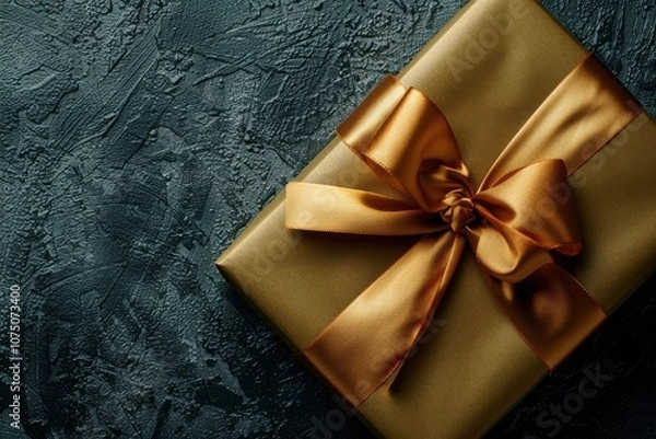 Fototapeta Golden satin ribbon gift box on dark surface, top view for holiday mood