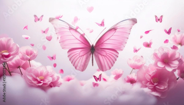 Fototapeta A sweet butterfly on a calming cloud and pink petals and heart shape background.