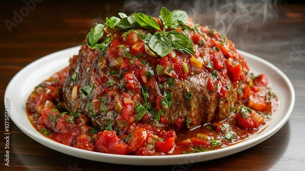 Fototapeta A large, juicy steak with vibrant red peppers and herbs on top is nestled in rich brown sauce, placed on an elegant white plate that rests atop of wooden table. T
