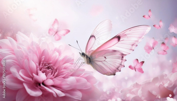 Fototapeta A sweet butterfly on a calming cloud and pink petals background.