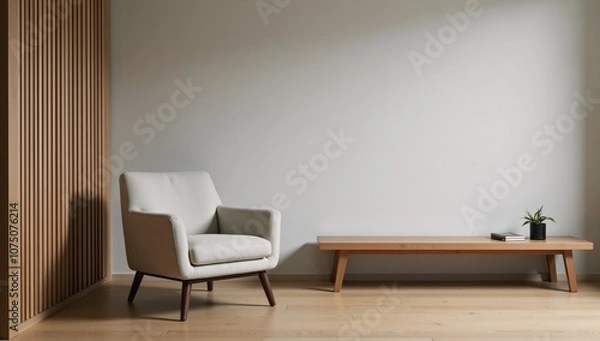 Fototapeta Modern living room featuring minimalist Japanese interior design with accent chair on grey wall  bench