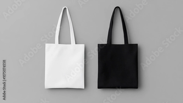 Fototapeta a black and a white tote bag mockup on a grey background.