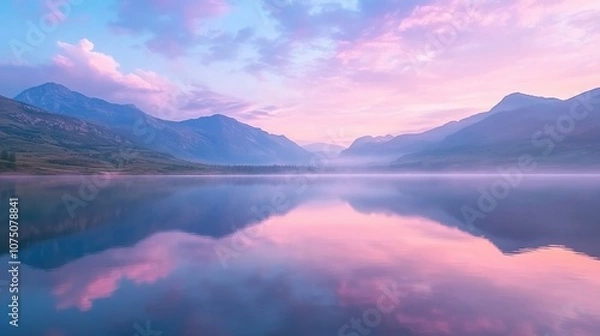 Fototapeta A serene lake reflecting majestic mountains under a colorful sky at dawn, inviting tranquility and natural beauty