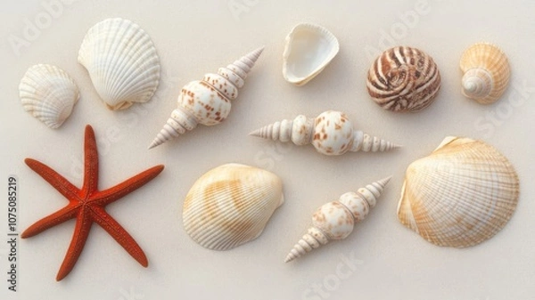 Fototapeta Collection of beautiful seashells and a starfish on a surface.