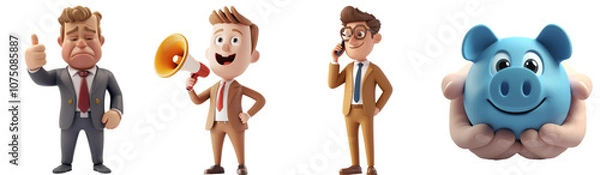 Fototapeta collection of four cartoon characters showcasing various emotions and actions, including businessman giving thumbs up, man with megaphone, man on phone, and smiling piggy bank