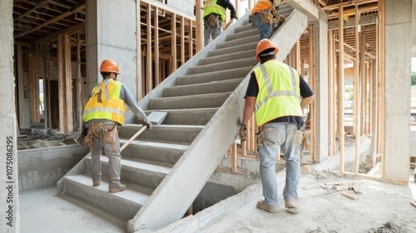 Fototapeta Construction workers installing concrete stairs on job site.