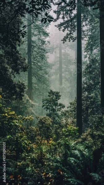 Fototapeta A tranquil redwood forest shrouded in mist during the early morning light in a serene natural setting
