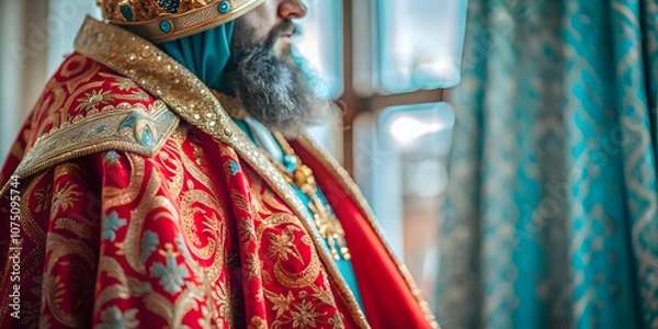 Fototapeta Intricate Macro Close-up of Reyes Magos Ceremonial Robes Highlighting Fabric Texture and Festive Patterns - Perfect for Magazine Ads and Banners with Ample Copy Space for Text in Photo Stock Concept