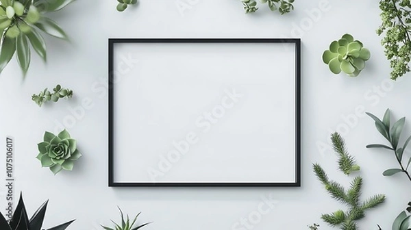 Obraz A minimalist frame surrounded by various succulent plants on a light background.
