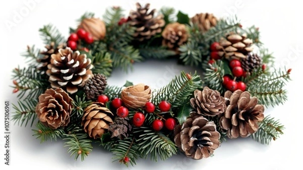 Fototapeta A festive Christmas wreath with red berries and pine cones, isolated on white background