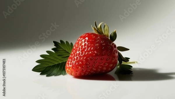 Fototapeta A single ripe strawberry with green leaves, isolated on a white background with soft lighting
