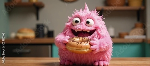 Fototapeta A funny adorable overweight pink creature with a sweet tooth holds a donut on National Donut Day or Fat Thursday suitable for menus at cafes pizzerias and fast-food establishments during culinary