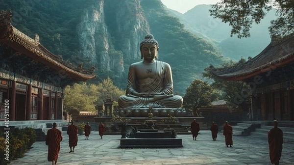 Fototapeta Monks walking past a giant Buddha statue in a temple