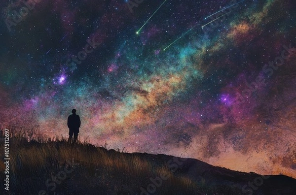 Fototapeta A person standing on top of a hill, gazing at an array of colorful stars and shooting comets in the night sky, in the style of realistic hyper-detailed rendering, pastel colors, and celestial punk.