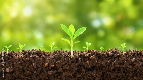 Fototapeta Young Green Seedlings Growing in Rich Soil with Blurred Background