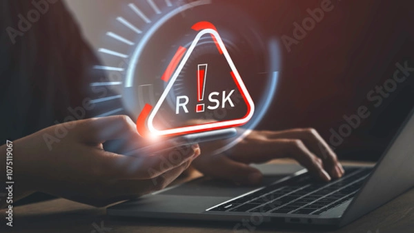 Obraz Risk Management Alert. AI-Driven System for Detecting Critical Warnings, caution notifications, and error handling to prevent incidents and manage problems effectively in computer systems.