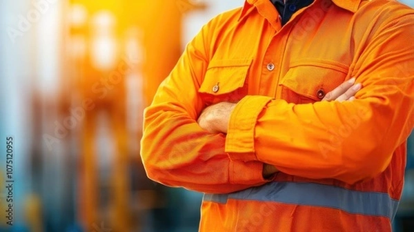 Fototapeta Worker in orange safety uniform with crossed arms, blurred background.
