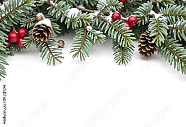 Fototapeta Snowy pine branches with red berries and pine cones, on a white background.