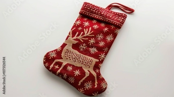 Fototapeta A red Christmas stocking with a reindeer design, isolated on white background