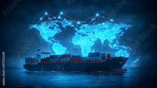 Fototapeta Global Shipping and Logistics Network, world map, container ship, cargo, shipping containers, freight