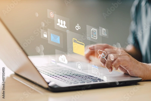 Fototapeta Document Management System Technology Interface with Digital Icons and Laptop