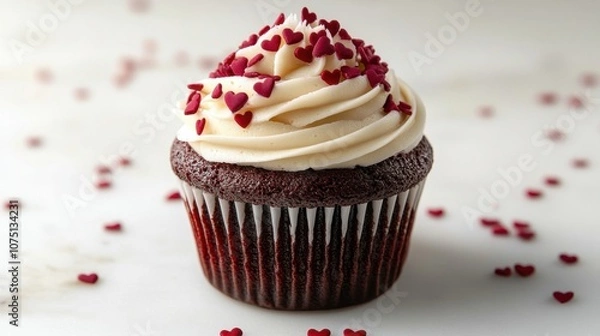 Fototapeta A delicious red velvet cupcake adorned with heart-shaped sprinkles on a charming tabletop, perfect for celebrations and special moments
