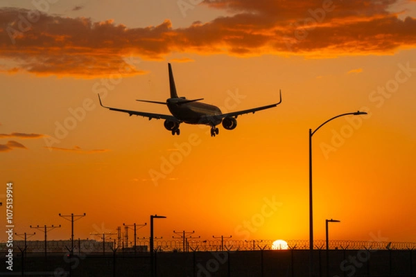 Fototapeta Airplane landing at Los Angeles International airport (LAX) at sunset. Orange sky and orange colored clouds. Airport infrastructure visible as dark silhouettes.
