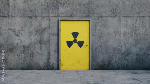 Fototapeta secure yellow door with radioactive symbol on concrete wall