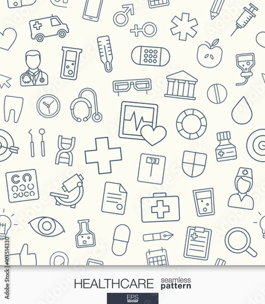 Fototapeta Healthcare wallpaper. Medical seamless pattern. Tiling textures with thin line web icons set. Vector illustration. Abstract health care and medicine background for mobile app, website, presentation.