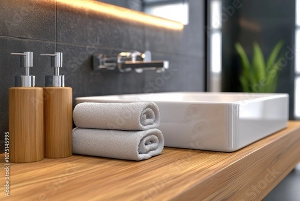 Fototapeta Modern Bathroom Design Ideas Tidy and Luxurious with Shiny Fixtures, Minimalist Decor, and Sparkling Hygiene Get Inspired by This Stunning Bathroom Vanity with Sleek Sink, Wooden Countertop, and