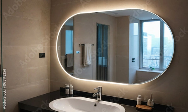Obraz A modern bathroom with an oval mirror with a lighted perimeter