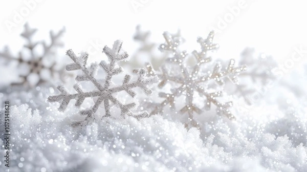 Fototapeta A snowy Christmas background with white falling snowflakes, isolated on white