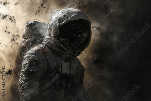 Fototapeta Astonishing moment of an astronaut in a celestial landscape amidst dark chaos