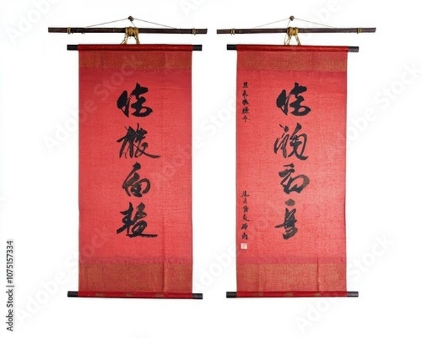 Fototapeta Red scrolls with traditional calligraphy, symbolizing prosperity and good fortune.