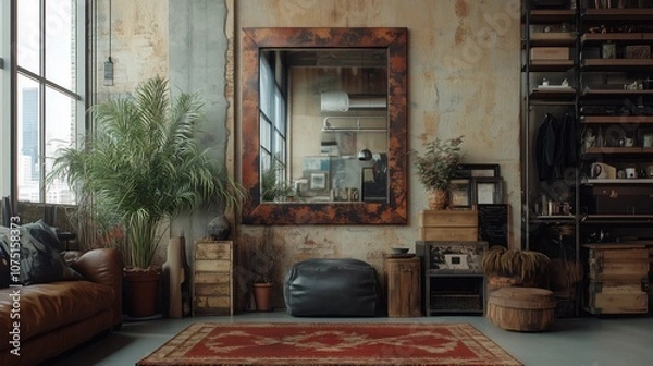 Obraz Eclectic Loft Entryway with Bold Decor Elements