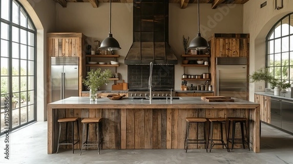 Fototapeta Airy Minimalist Kitchen with Natural Wood Accents