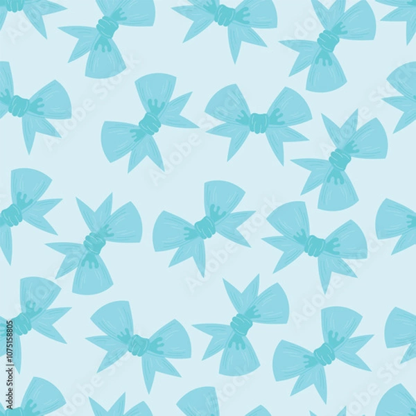 Obraz Seamless pattern of  blue  bows. Gift ribbons on checkered background. Coquette core cute trendy design. Design for wrapping paper, packaging, fabric, textile, home decor, gifts