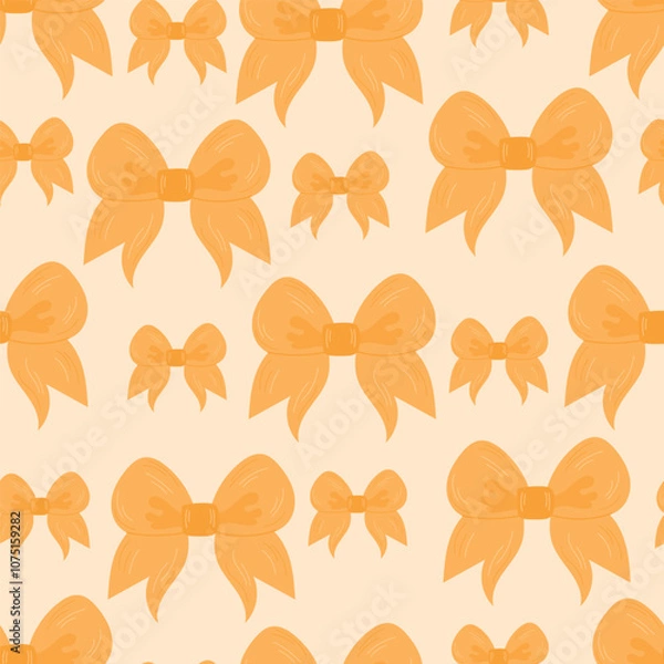 Obraz Seamless pattern of  yellow bows. Gift ribbons on checkered background. Coquette core cute trendy design. Design for wrapping paper, packaging, fabric, textile, home decor, gifts