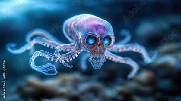 Fototapeta A fantastical glowing creature with a skull and octopus-like tentacles floats in the mysterious deep ocean, symbolizing curiosity, fear, and the unknown depths of imagination.