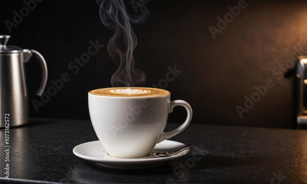 Fototapeta A steaming cup of coffee sits on a black countertop, ready to be enjoyed