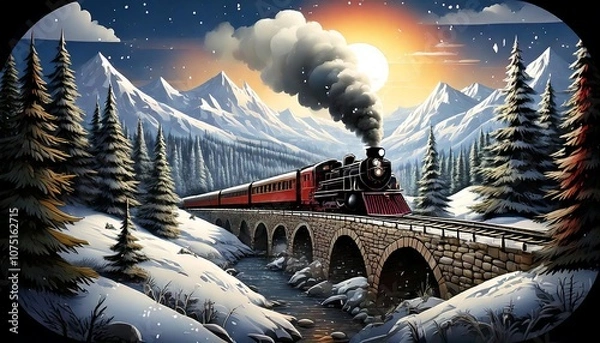 Obraz A steam train moves through a fantasy landscape of mountain bridges.