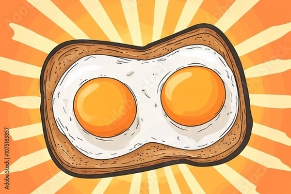 Obraz Fried Eggs on Toast with Sun Rays Background. AI generated illustration