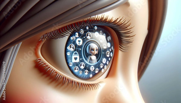 Fototapeta 3D Macro Close Up Community Manager Eye Reflecting Community Data Digital Interaction Focused Look Ample Copy Space Isolated White Background Icon
