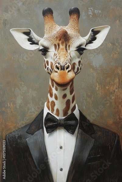 Fototapeta Surreal Giraffe in a Tuxedo Portrait, Oil Painting. AI generated illustration