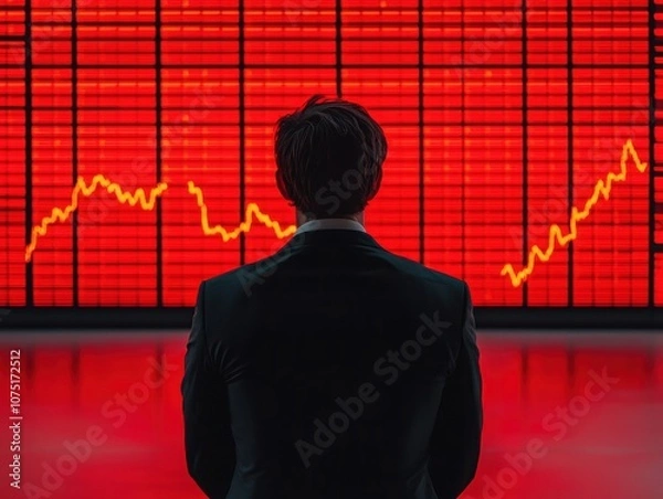 Fototapeta A businessperson monitors a stock market trend displayed on a red screen, with fluctuating lines indicating market performance.