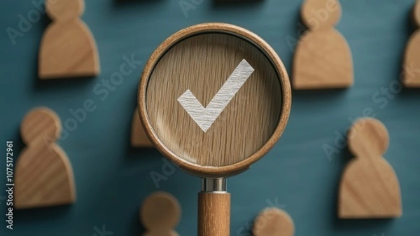 Fototapeta A magnifying glass with a check mark focuses on wooden figures, representing selection, validation, or approval in a conceptual setting.