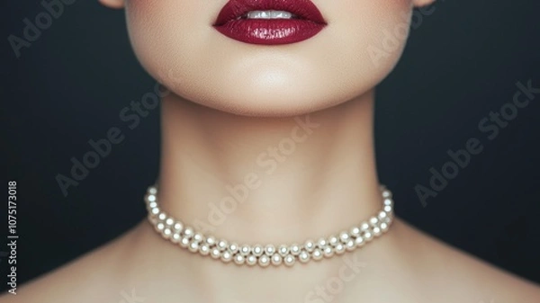 Obraz A close-up of a woman's neck and lips adorned with glossy lipstick and a pearl choker, highlighting elegance and sophistication.