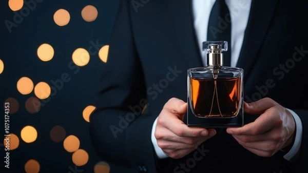 Fototapeta A sophisticated man in a suit holds a luxurious perfume bottle against a blurred, illuminated background, evoking elegance and allure.