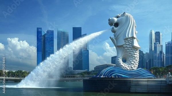 Fototapeta Merlion Statue with Freshwater Spouts Against Skyscrapers. AI generated illustration