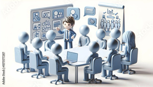 Fototapeta 3D Community Manager Leads Strategy Session for Community Goals Collaboration in Modern Meeting Room Ample Copy Space for Text Isolated Icon on White Background